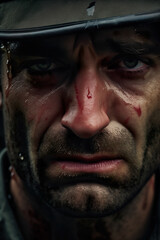 Close-up portrait of angry military soldier