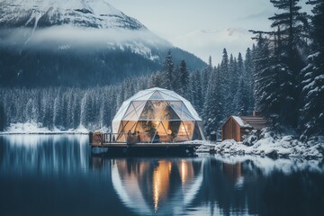 Winter landscape with cabin in lake and mountain view