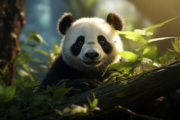 Cute panda in a bamboo forest. Beautiful sunlight