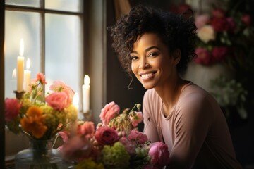 The woman is a professional florist. Portrait with selective focus and copy space