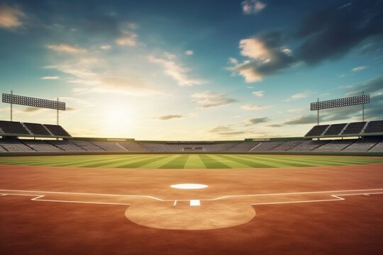 Baseball Field with Green Grass and Blue Sky Background, Copy Space