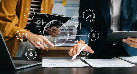 Co working process, team working.Coding software developer work with AR new design dashboard...