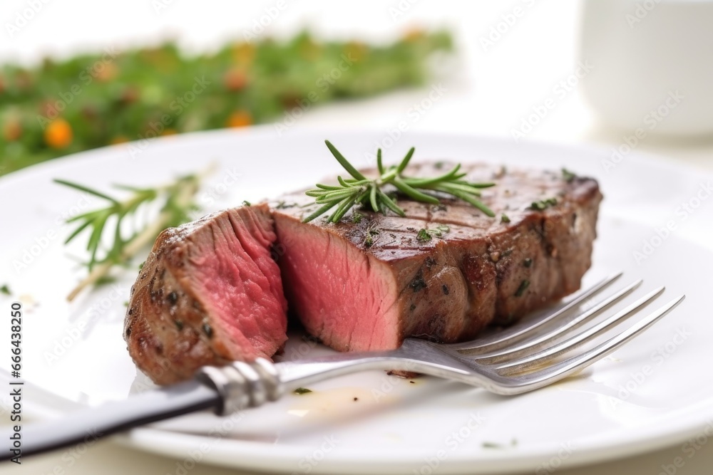 Sticker medium-rare steak cut in half on white plate with fork beside