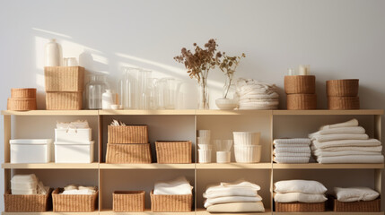 Storage boxes at home near white wall with bunch of objects