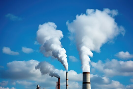 smoke emanating from factory chimneys against a blue sky