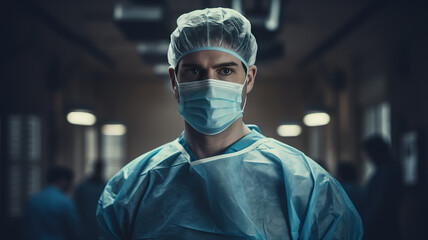 Portrait of a professional serious tired male surgeon looking at the camera after a successful operation. In the background is a modern hospital operating room. - obrazy, fototapety, plakaty