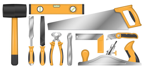 Construction tools set, file, chisel, saw, mallet, level, square metric, end nipper, jack plane, utility knife. Realistic hardware for repair and renovation, isolated vector illustration. © Yuri Schmidt
