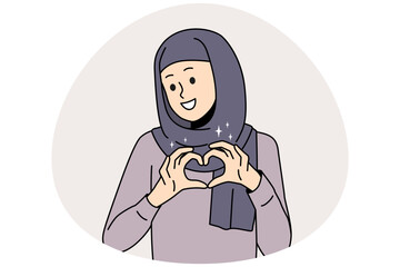 Smiling Arabic woman in hijab show heart hand gesture send love and care. Happy Arabian female feel grateful and thankful. Gratitude concept. Vector illustration.