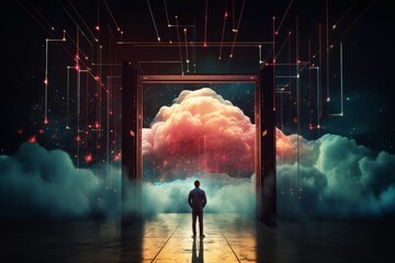 Businessman Embracing Innovation: Stepping into the Cloud - obrazy, fototapety, plakaty