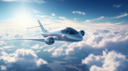 Fototapeta na wymiar Futuristic electric plane soaring in the sky on top of clouds at daytime