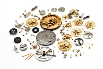 disassembled watch parts scattered on white background