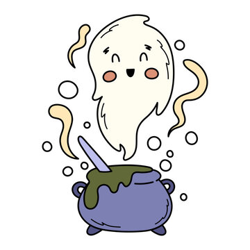 Cute happy ghost flies out of the witch cauldron. Spooky Halloween hand drawn illustration. Clipart for greeting cards, stickers and party decorations.