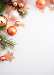 Fototapeta na wymiar Festive Christmas Ornaments and Fir Branches on White Background Stock Photo