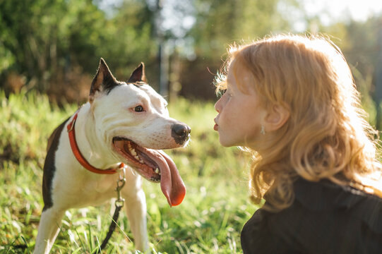 Redhead girl blowing kiss to dog in park on sunny day