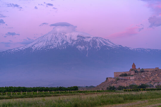 View of Khor Virap Monastery, with Mount Ararat in background, Pokr Vedi, Armenia.