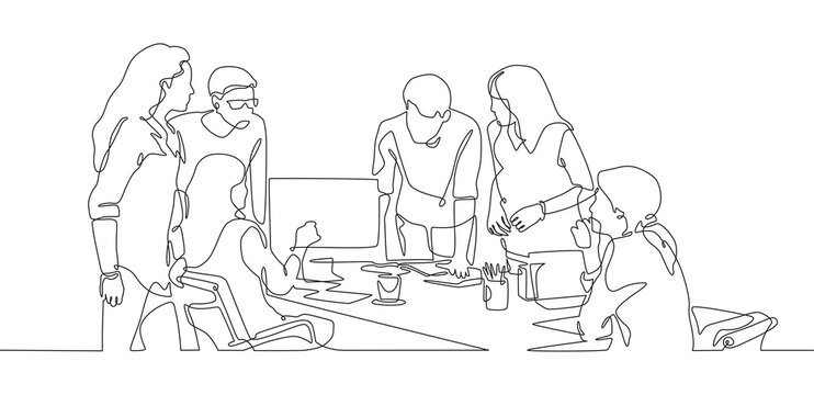 Continuous one line drawing young professionals are discussing team projects on the table