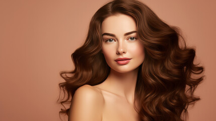 Naklejka premium Portrait of young brunette woman with long wavy hair. Hair care, make-up and hair health
