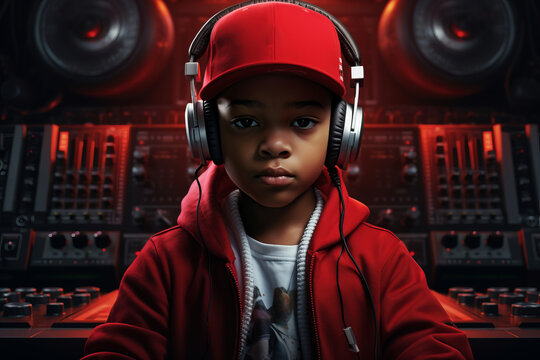 Kid gangster rapper in red hat is in the headphones in studio