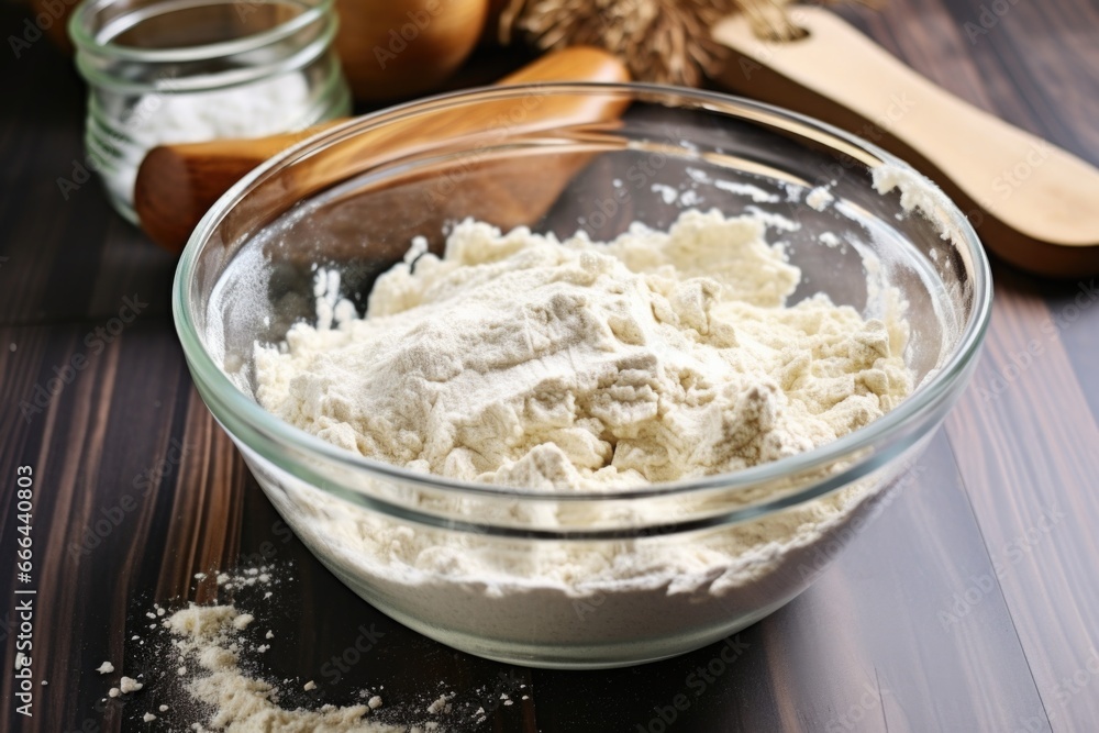 Sticker freshly mixed dough in a glass bowl with a spatula