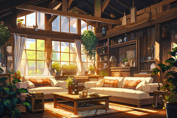 Fototapeta premium Living room design with large window overlooking nature