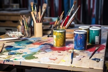 unfinished wood pieces, paintbrushes, cans of paint on a table