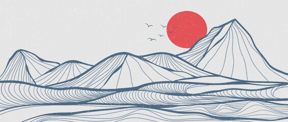 Mountain line art landscape illustration. Creative minimalist modern line art pattern. Abstract contemporary aesthetic backgrounds landscapes. with Mountain, hill and ocean wave - obrazy, fototapety, plakaty