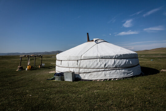 View of a Jurt from Nomads campground in the Gobi Desert of Mongolia.