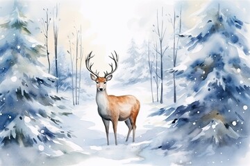 deer in winter forest landscape watercolor design