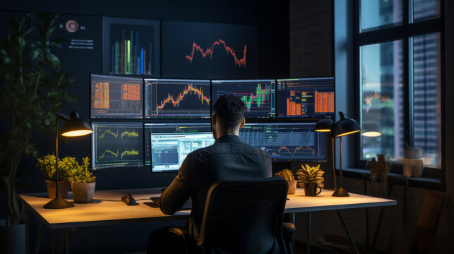 Male Trader At Work On A Computer With Multiple Screens