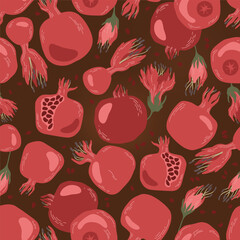 Seamless pattern fresh pomegranate fruits burgundy