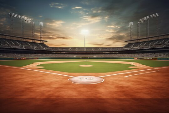Green grass field in a baseball stadium with empty seats, blue sky, and copy space