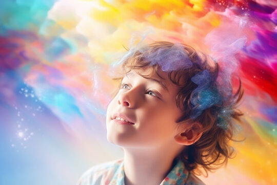 Child in rainbow colored imaginary world