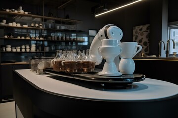 AI robot serves creative coffee in cafes. Generative AI