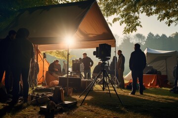 Film Production Crew in Tent on Grassy Area - obrazy, fototapety, plakaty