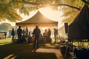 Film Production Crew in Tent on Grassy Area - obrazy, fototapety, plakaty