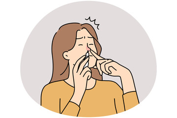 Unhealthy woman suffer from rhinitis put medical drops into nose. Unwell female with runny nose take medication. Vector illustration. - obrazy, fototapety, plakaty