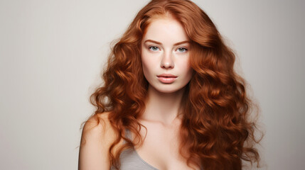 Naklejka premium Portrait of young woman with long wavy ginger hair. Hair care, make-up and hair health
