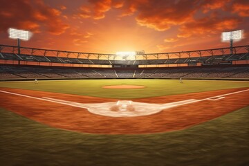 Obraz premium Green grass field in a baseball stadium with empty seats, blue sky, and copy space