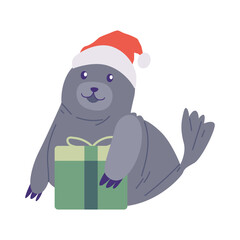 seal wearing christmas heat and holding gift box present vector animal illustration design