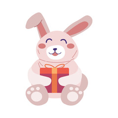 happy smile rabbit sitting and holding gift box present vector animal illustration design