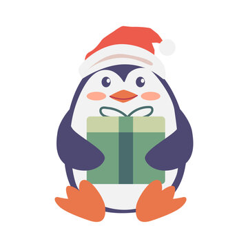 cute penguin wearing christmas hat and bring gift box for celebrate winter season vector character illustration design