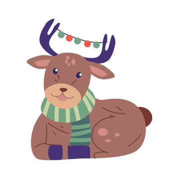 cute smile reindeer sitting wearing scarf with party light bulb on the horn vector character illustration design