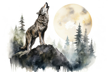 wolf howl to full moon watercolor design - obrazy, fototapety, plakaty