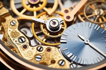 close-up of a mechanical watch movement, gears out