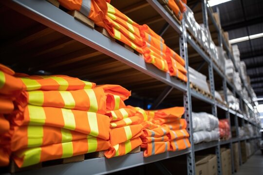 bright safety vests stacked on a shelf in a warehouse
