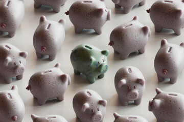 Green piggy bank with many piggy banks over white background