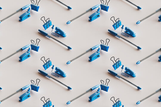 3D pattern of blue colored office supplies floating against white background