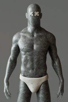 Muscular mannequin with band aid eyes and underwear standing against gray background