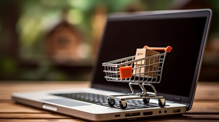 Online shopping concept with miniature shopping cart standing in front of laptop, Generative AI