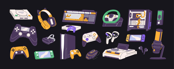 Videogame equipment set. Game console, computer, gamepad. Gamer device, accessory. Cybersport player gadget: controller, joystick, wheel, keyboard. Playing machinery. Flat isolated vector illustration